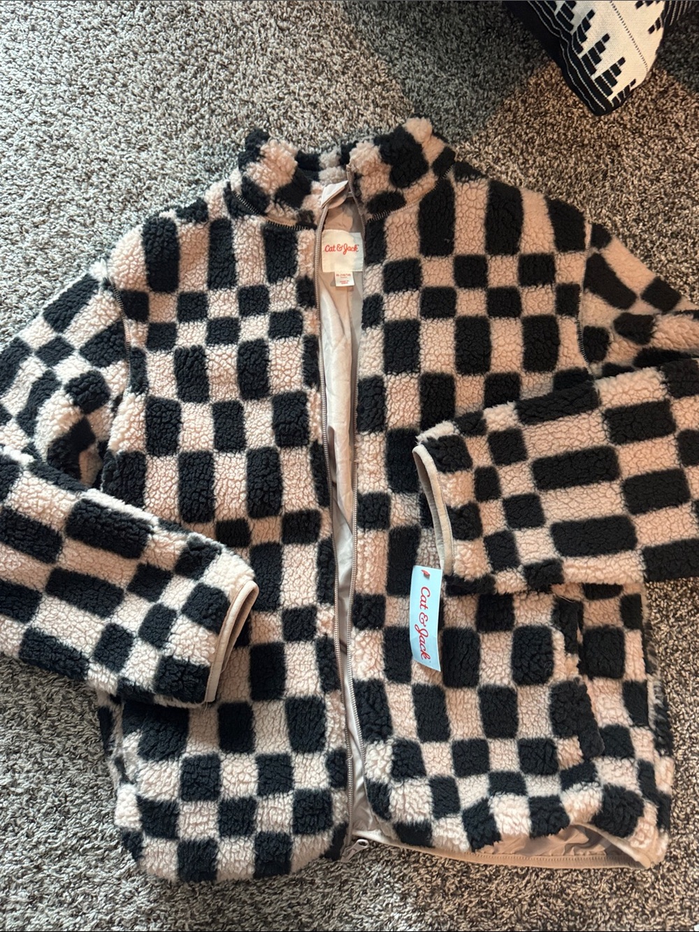 Cat & Jack Black and Cream Checkerboard Sherpa Zip Jacket